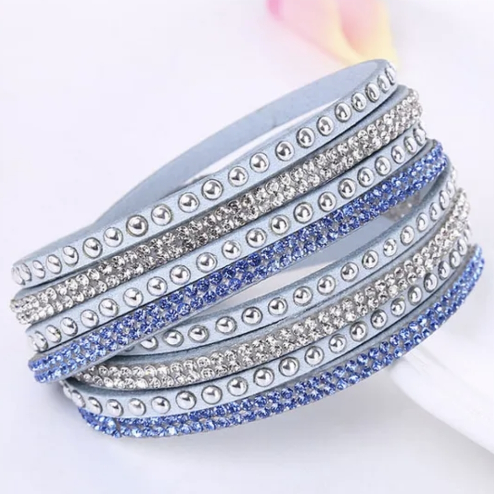 B14 Light Blue Double Wrap Rhinestone Bracelet  Silver Blingy New
